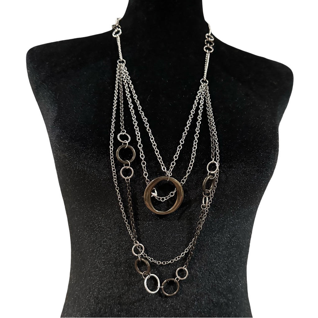 Layered Chain Necklace Silver Tone Hematite Geometric